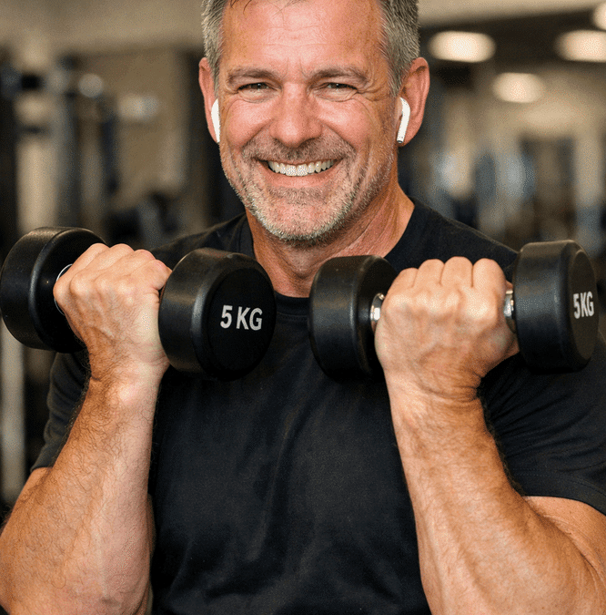 Man at the gym carrying dumbells